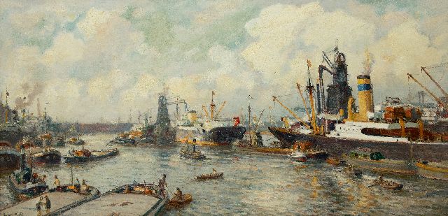 Evert Moll | Gezicht op de Maashaven, Rotterdam, olieverf op doek, 81,0 x 164,5 cm, gesigneerd l.o.
