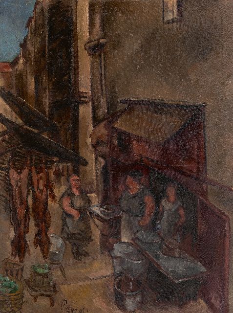 Willem Paerels | Oude buurt met slager en figuren, olieverf op doek, 80,3 x 60,0 cm, gesigneerd l.o. en te dateren ca. 1922-1928