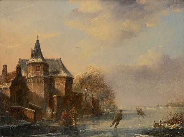 Parré M.  | Schaatsers op een vaart nabij Slot Moyland (toegeschreven aan), olieverf op paneel 24,2 x 31,2 cm