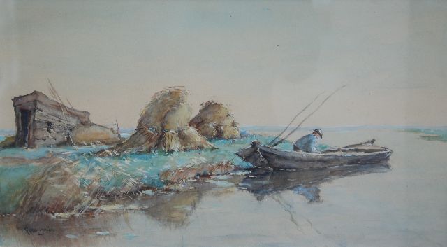 Alex Rosemeier | Hengelaar in een plaslandschap, aquarel op papier, 27,5 x 47,5 cm, gesigneerd l.o.