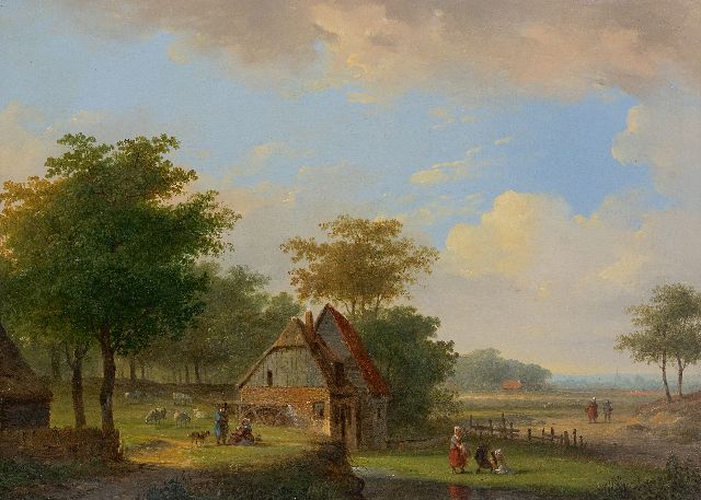 Stok J. van der | Idyllisch landschap met een watermolen en landvolk, olieverf op paneel 26,0 x 35,4 cm, gesigneerd l.o.