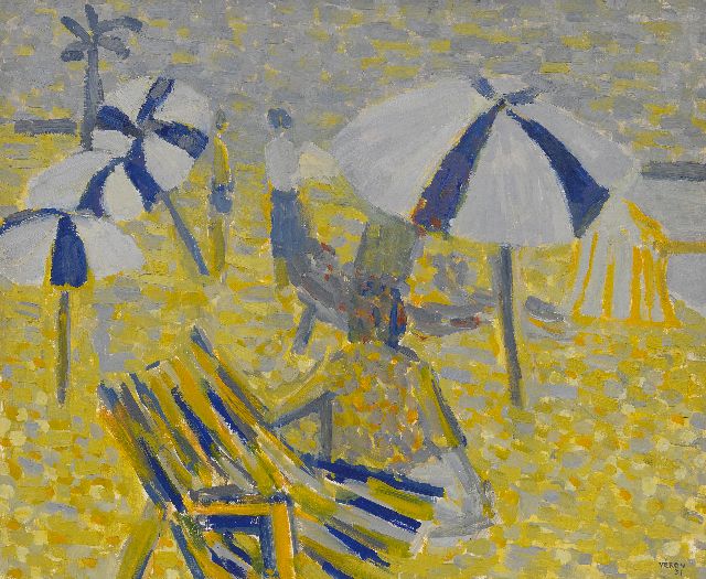 Véron V.  | Parasols op het strand, olieverf op doek 54,0 x 65,0 cm, gesigneerd r.o. en gedateerd '51