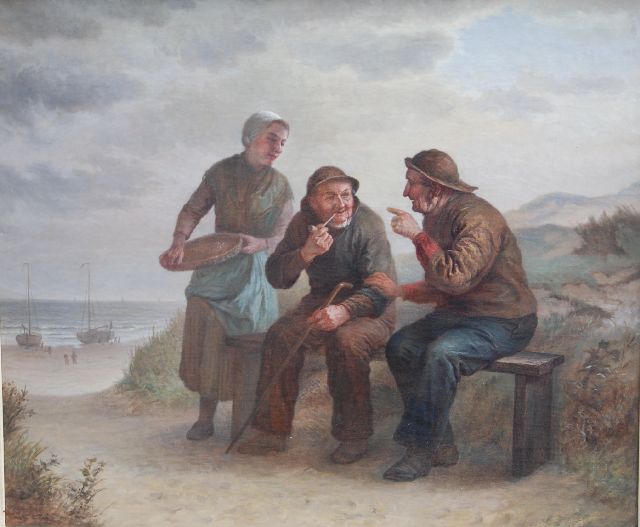 Elchanon Verveer (omgeving van) | Praatje op het strand, olieverf op doek, 72,4 x 84,9 cm, gesigneerd r.o.[?]