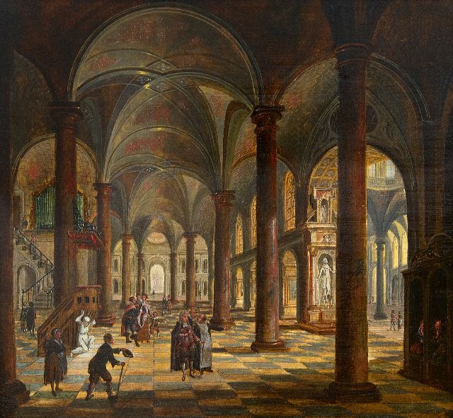 Stöcklin C.  | Church interior with figures, oil on panel 27.5 x 30.9 cm, signed l.c.