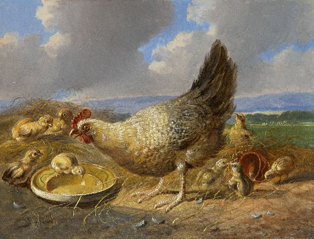 Albertus Verhoesen | Hen with chicks in extensive landscape (pair with 21929), oil on panel, 14.5 x 19.3 cm, signed l.r. and dated 1880