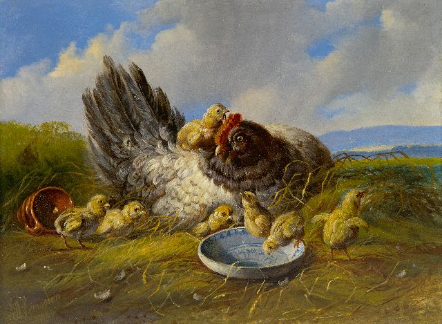 Albertus Verhoesen | Hen with chicks in a landscape (pair with 21928), oil on panel, 14.7 x 19.2 cm, signed l.l. and dated 1880