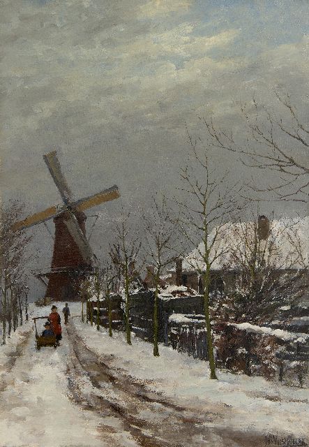Jan Hillebrand Wijsmuller | Children in the snow at a windmill, oil on canvas, 57.3 x 41.0 cm, signed l.r.