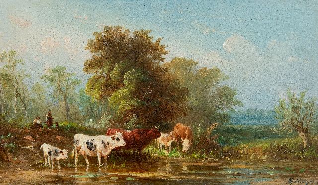 Prooijen A.J. van | Landscape with wading cattle, oil on panel 8.7 x 15.0 cm, signed l.r.