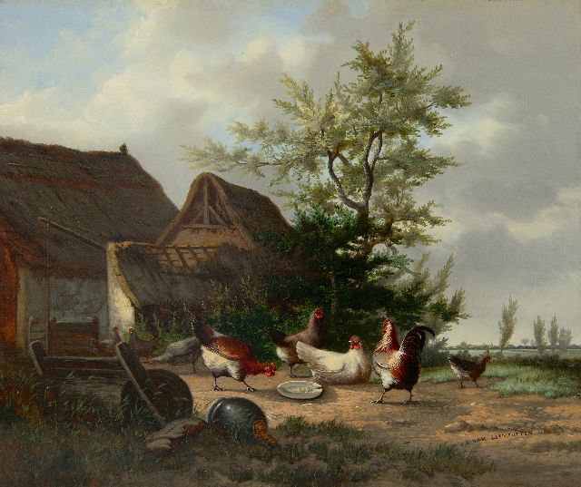 Leemputten J.L. van | Farmyard with rooster and chickens, oil on panel 28.1 x 33.7 cm, signed l.r. and dated 1863