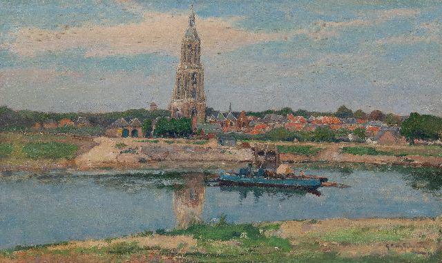Schagen G.F. van | A vieuw of Rhenen and the Cunerakerk, the ferry in the foreground, oil on canvas 38.4 x 64.8 cm, signed l.r. and dated 1929, without frame