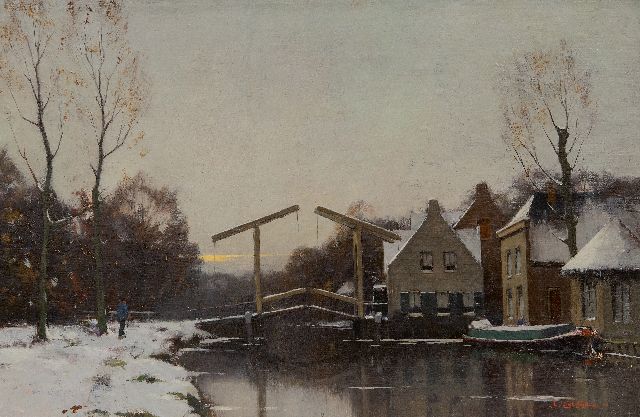 Ligtelijn E.J.  | Village in winter with a drawbridge, oil on canvas 32.2 x 48.6 cm, signed l.r. and painted ca. 1924