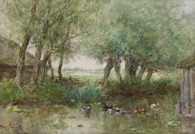 Roelofs W.  | Ducks in the water under willow trees, watercolour on paper 33.7 x 47.9 cm, signed l.l.