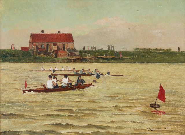 Moerman J.L.  | Coxed four regatta, oil on panel 24.5 x 33.1 cm, signed l.r. and dated '88