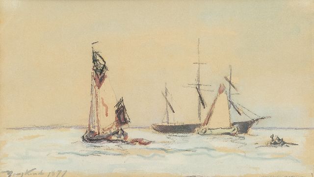 Jongkind J.B.  | Sailing ships on a river, crayon and watercolour on paper 15.0 x 26.0 cm, signed l.l. and dated 1877