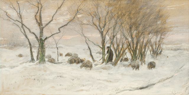 Mauve A.  | Shepherd and sheep in the snow, watercolour on paper 25.3 x 48.4 cm, signed l.r.