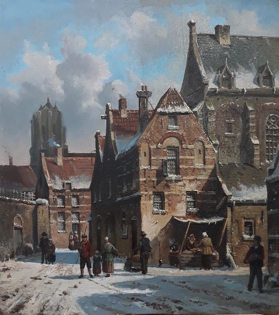 Bommel E.P. van | Hollands stadsgezicht in de winter, olieverf op paneel 31,7 x 29,0 cm, gesigneerd r.o.