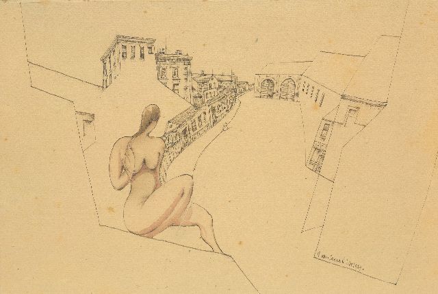 Schnell G. van | Studie van vrouwelijk naakt voor een stad, inkt en aquarel op papier op board 24,0 x 35,7 cm, gesigneerd r.o. en gedateerd 'July 1929', zonder lijst