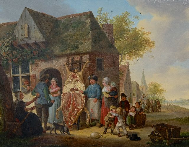 Cuylenburgh (II) C. van | Village scene, after the slaughter of the pig, oil on panel 49.7 x 64.0 cm, signed c.l. and dated 1797