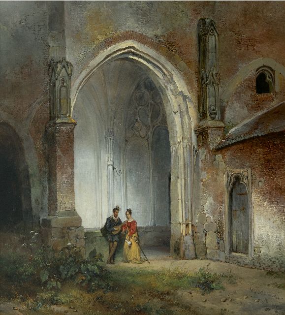 Nuijen W.J.J.  | A man and woman in the cloister of the Dom Church in Utrecht, oil on panel 49.0 x 44.8 cm, signed l.r. and dated 1832