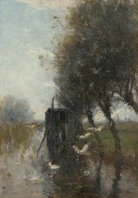 Willem Maris | Ducks settling down on a polder canal, oil on panel, 36.6 x 25.7 cm, signed l.r.