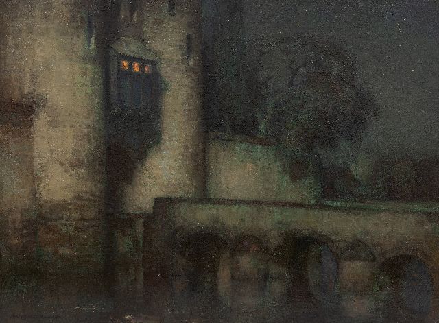 Jan Bogaerts |   Castle with drawbridge at night, oil on canvas, 45.4 x 60.3 cm, signed l.l. and dated 1924