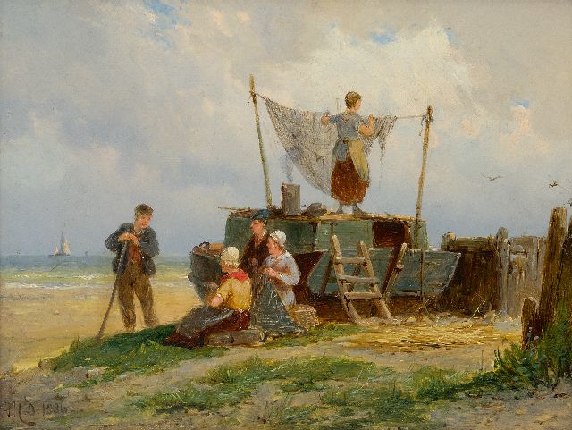 Dommershuijzen P.C.  | Fisherfolk drying the nest, oil on panel 15.0 x 20.2 cm, signed l.l. with initials and dated 1886