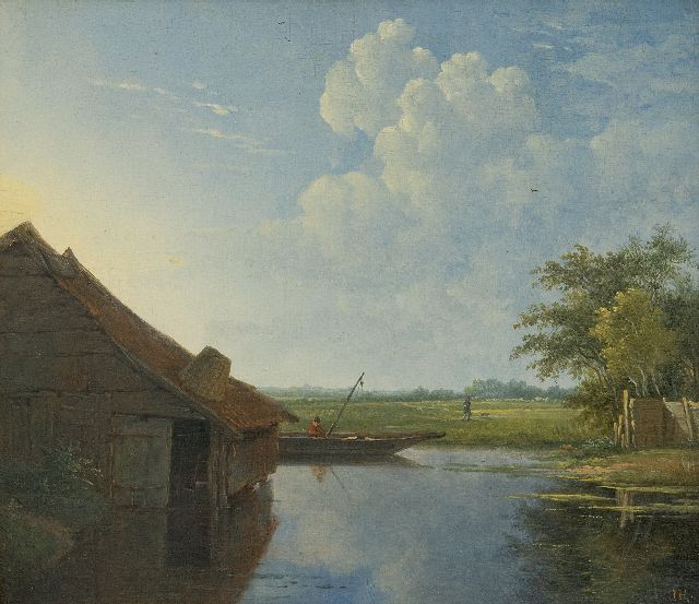 Johannes Hilverdink | An angler in a river landscape, oil on panel, 20.8 x 23.7 cm, signed l.r. with initials