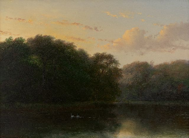 Andreas Schelfhout | Two swans in the pond of the Haagse Bos, oil on panel, 24.0 x 32.6 cm, signed l.l.