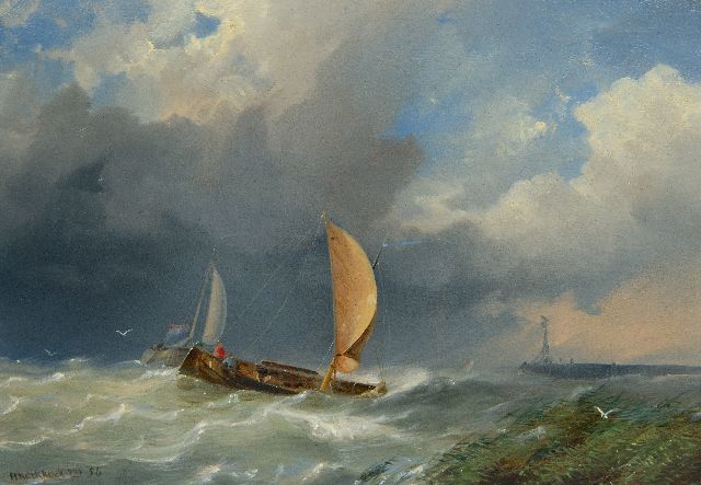 Koekkoek jr. H.  | Ships in a storm near a harbour entrance, oil on panel 21.1 x 30.3 cm, signed l.l. and dated '56