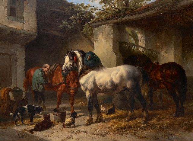 Wouterus Verschuur | Horses in a stableyard, oil on canvas, 76.3 x 106.2 cm, signed l.l.