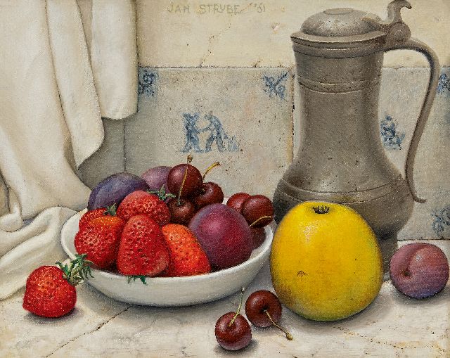 Strube J.H.  | Still life with tin pitcher and fruit, oil on canvas 24.2 x 30.4 cm, signed u.c. and dated '61