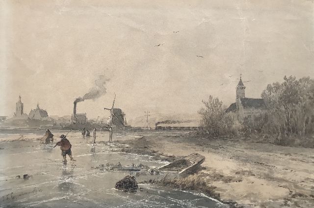 John Franciscus Hoppenbrouwers | Winterlandschap met spoorlijn bij Den Haag, penseel en inkt op papier, 18,8 x 27,9 cm, gesigneerd l.o. en gedateerd '49