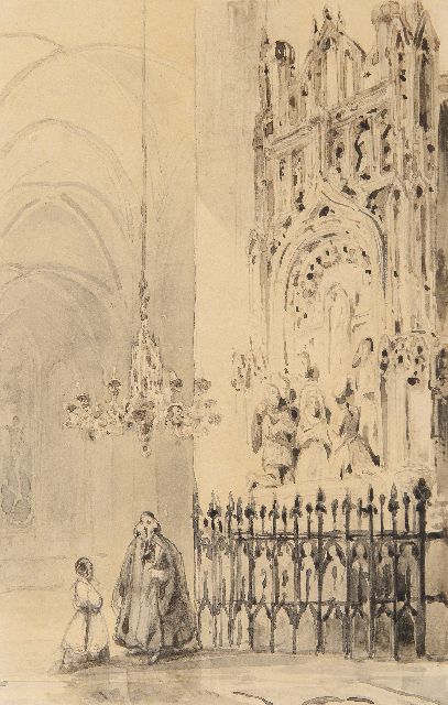 Bosboom J.  | Interior of the Grote Kerk te Breda with the funerary monument of Engelbert I van Nassau, pen, brush and ink on paper 15.8 x 10.6 cm, signed l.c.