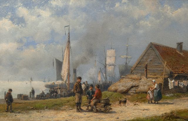 Koekkoek H.  | Fishermen and travellers at a rural harbour, oil on panel 21.3 x 32.5 cm, signed l.l.