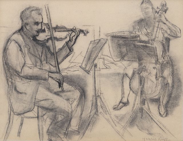 Kuijten H.J.  | Violinist and cellist playing, black chalk on paper 37.1 x 47.8 cm, signed l.r.