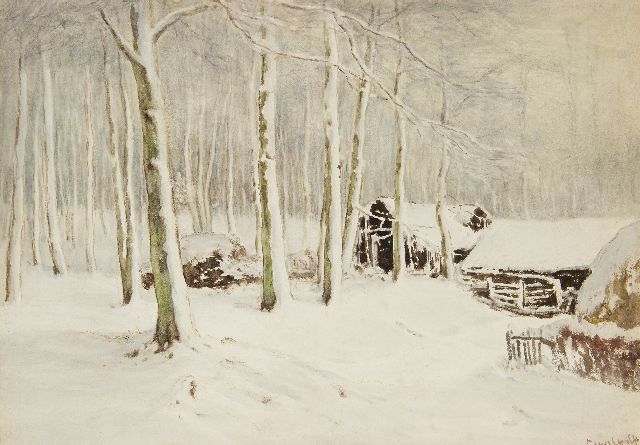 Louis Apol | Snowy barns in the forest, gouache on paper, 36.5 x 52.1 cm, signed l.r.