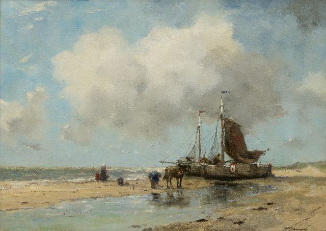 Johan Frederik Cornelis Scherrewitz | Fishing vessels on the beach, oil on canvas, 59.8 x 84.2 cm, signed l.r.