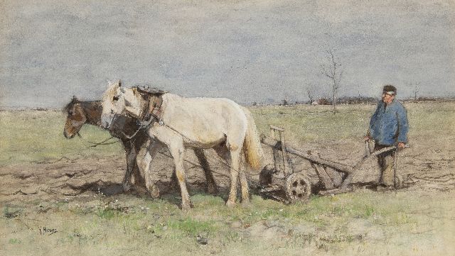 Anton Mauve | The plowman, watercolour on paper, 35.0 x 62.0 cm, signed l.l.