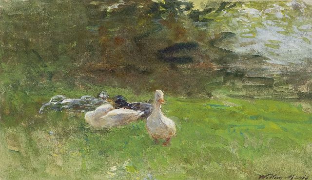 Willem Maris | Ducks in the grass, watercolour on paper, 16.4 x 28.4 cm, signed l.r. and painted ca. 1880-1890