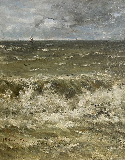 Mesdag H.W.  | Breakers with ships in the distance, oil on canvas laid down on panel 88.6 x 69.5 cm, signed l.l. and dated 1879
