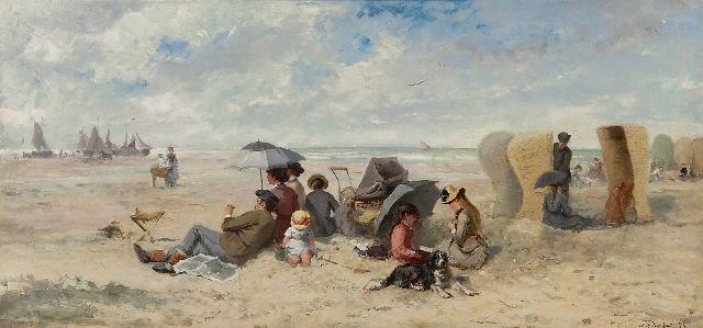 Kate J.M. ten | Family day on the Scheveningen beach, oil on panel 33.3 x 69.2 cm, signed l.r.