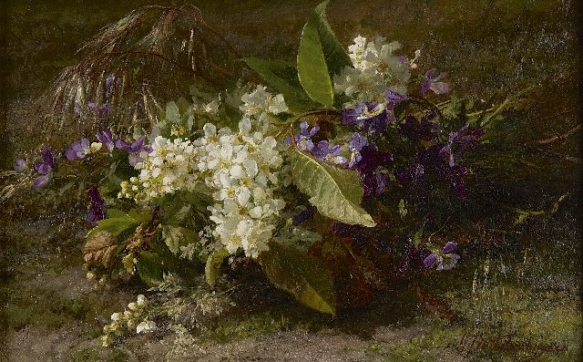 Gerardine van de Sande Bakhuyzen | A still life of flowering springs and violets on the forest soil, oil on panel, 22.9 x 36.3 cm, signed l.r.