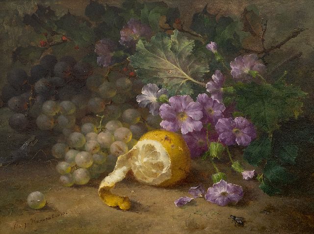 Roosenboom M.C.J.W.H.  | Still life with grapes, a lemon and flowers on the forest floor, oil on panel 29.5 x 40.1 cm, signed l.l.