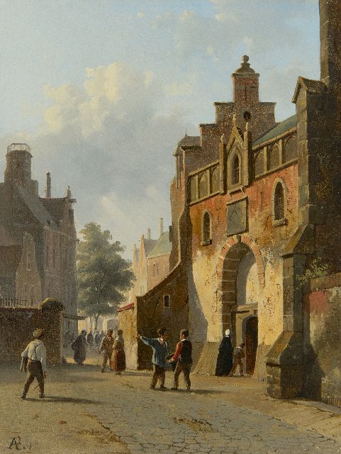 Adrianus Eversen | Zonnig straatje met figuren, olieverf op paneel, 31,0 x 24,0 cm, gesigneerd l.o. met mon