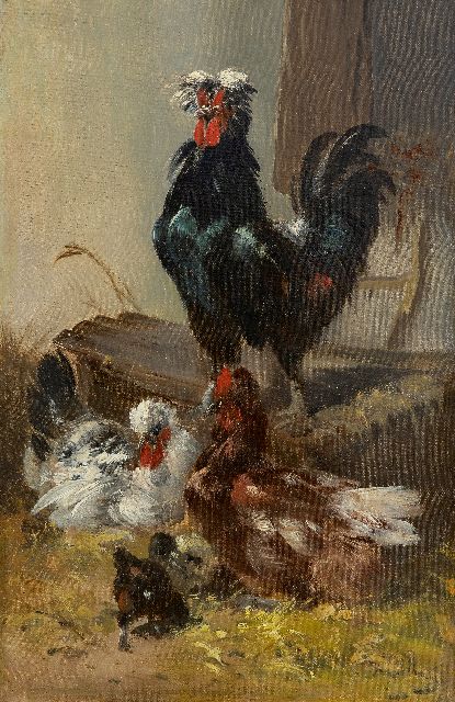 Schouten H.  | Black rooster with chickens, oil on canvas 60.2 x 40.3 cm, signed l.r.