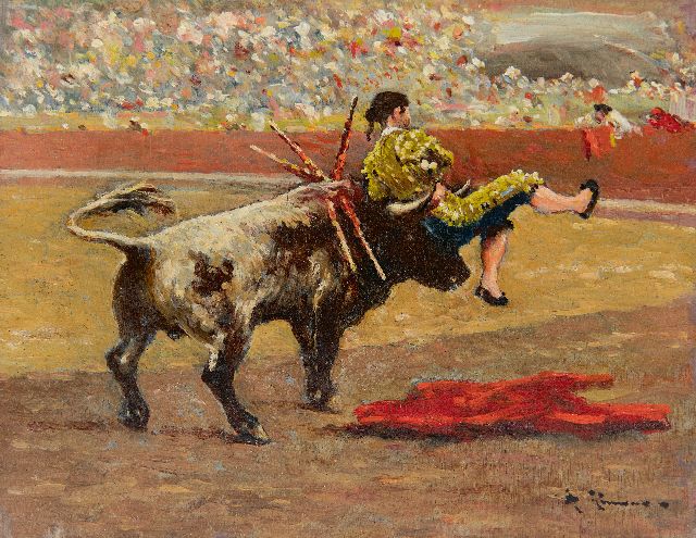 Gimeno A.  | The bullfight, oil on panel 14.2 x 18.1 cm, signed l.r.
