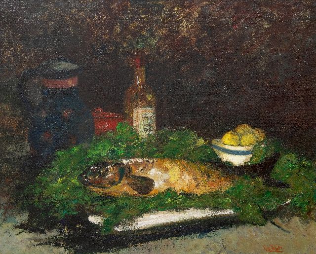Chris van der Windt | Still life with a fish, fruit and a wine bottle, oil on canvas, 71.3 x 86.0 cm, signed l.r. and without frame