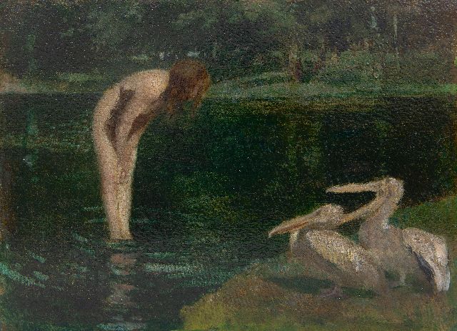 Geffcken W.  | Encounter on the lakeside, oil on board laid down on panel 20.9 x 28.1 cm, signed l.l.