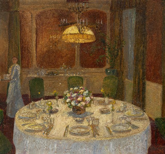 Duitse School (2e helft 19e eeuw) | Woman at a festively set table, oil on board, 36.0 x 38.5 cm, signed l.r.