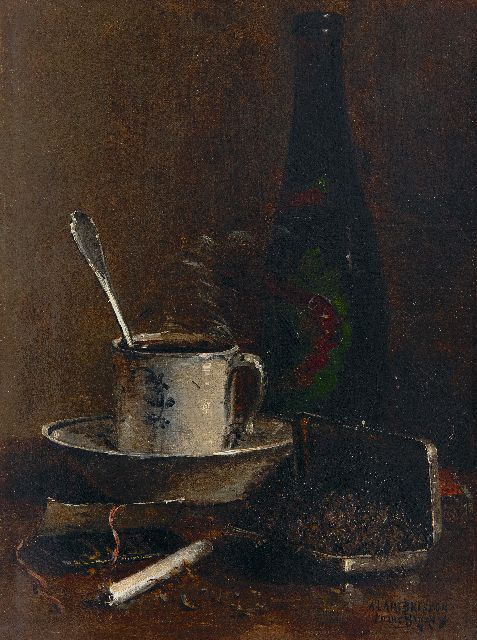 Bigaux L.F.  | Still life with tobacco box, cigarette and cup and saucer, oil on canvas 32.4 x 24.6 cm, signed l.r.